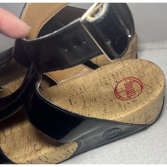 Fitflop Arena Sandal Women Sz 10 Black Patent Leather Ankle Strap Gladiator CorK - Picture 4 of 9